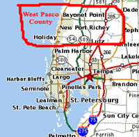 Click for Map showing West Pasco in relationship to Tampa and Clearwater Florida